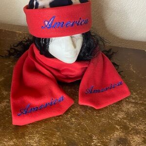 Red America Embroidered Hat and Scarf Set